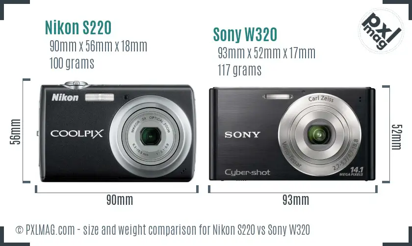 Nikon S220 vs Sony W320 size comparison