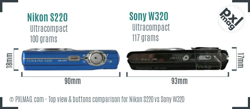 Nikon S220 vs Sony W320 top view buttons comparison