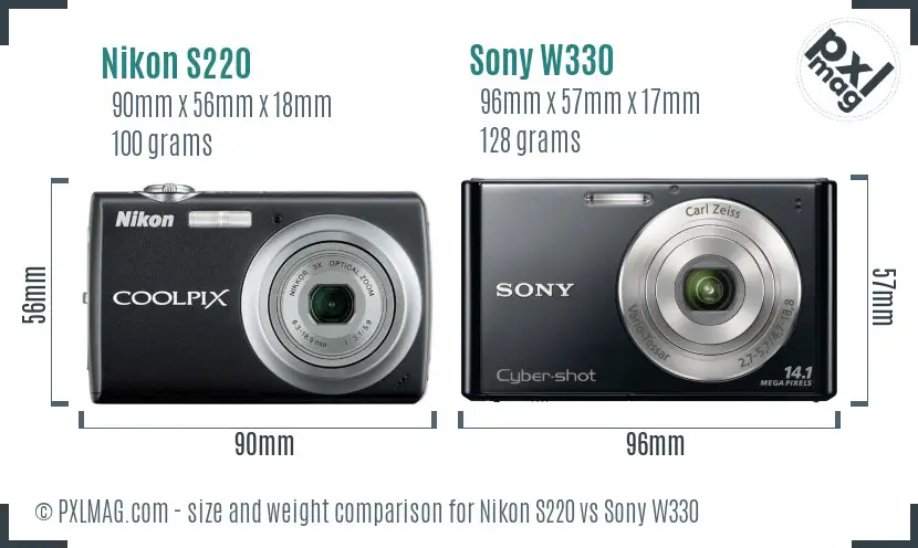 Nikon S220 vs Sony W330 size comparison