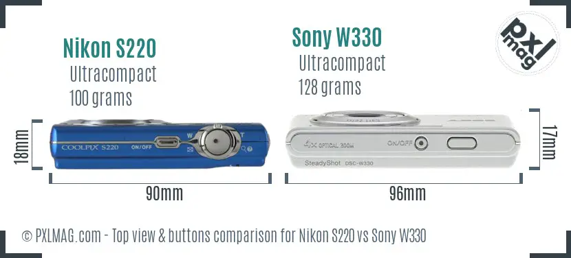 Nikon S220 vs Sony W330 top view buttons comparison