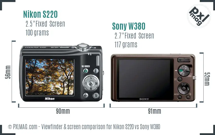 Nikon S220 vs Sony W380 Screen and Viewfinder comparison