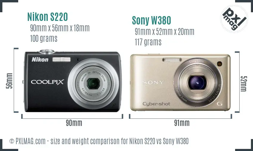 Nikon S220 vs Sony W380 size comparison
