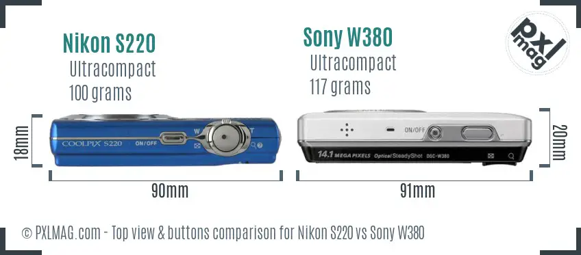 Nikon S220 vs Sony W380 top view buttons comparison