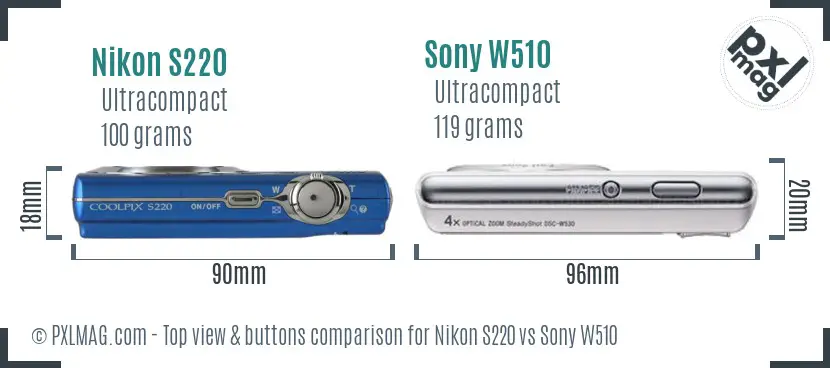 Nikon S220 vs Sony W510 top view buttons comparison