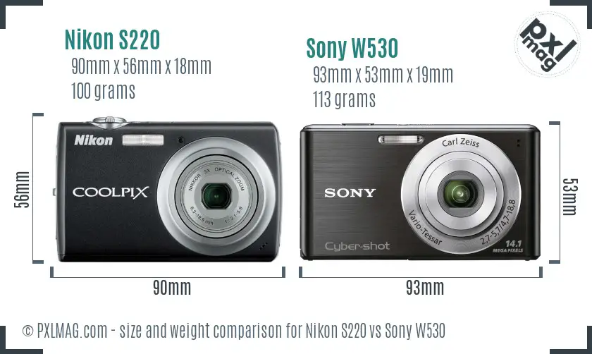 Nikon S220 vs Sony W530 size comparison
