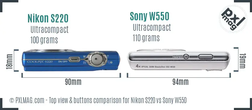 Nikon S220 vs Sony W550 top view buttons comparison