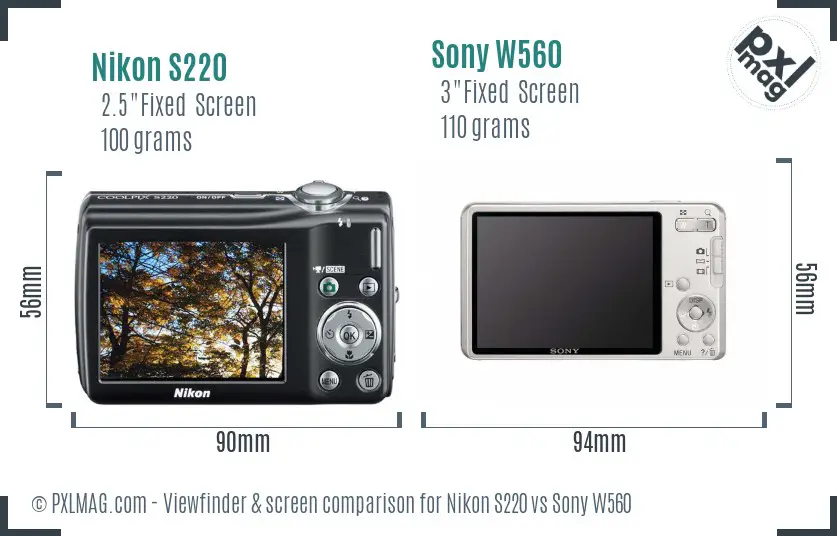 Nikon S220 vs Sony W560 Screen and Viewfinder comparison