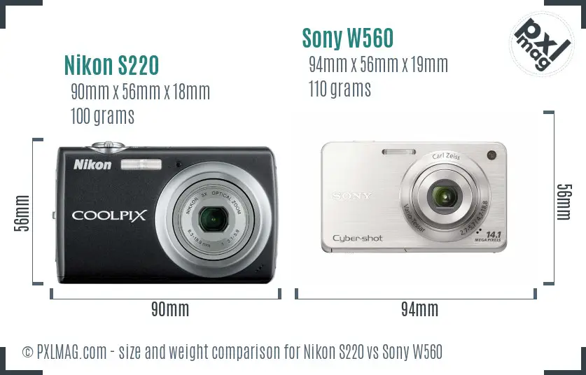 Nikon S220 vs Sony W560 size comparison