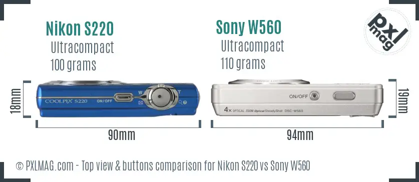 Nikon S220 vs Sony W560 top view buttons comparison