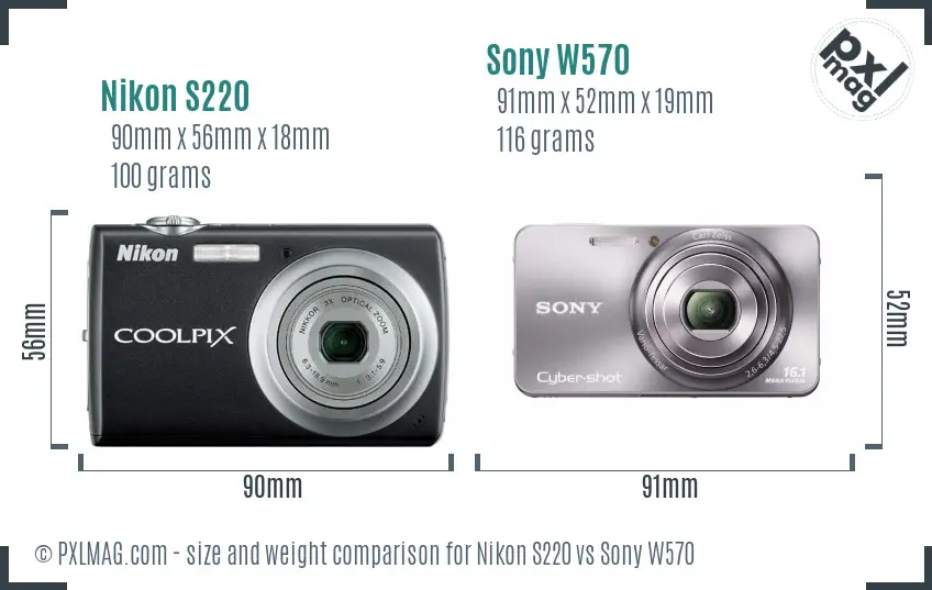 Nikon S220 vs Sony W570 size comparison