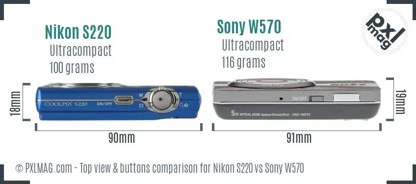 Nikon S220 vs Sony W570 top view buttons comparison