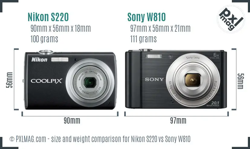 Nikon S220 vs Sony W810 size comparison