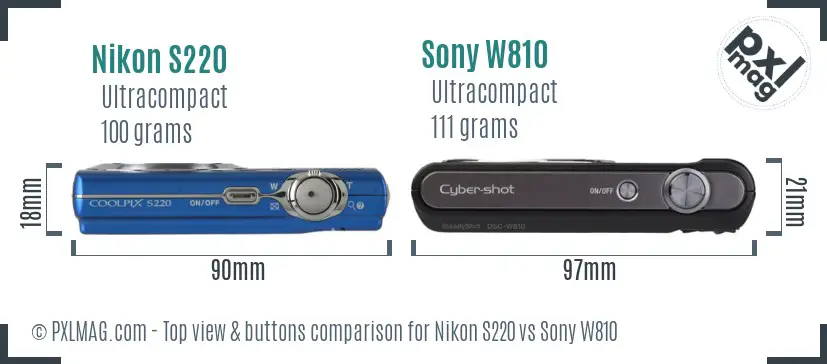 Nikon S220 vs Sony W810 top view buttons comparison