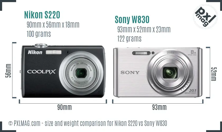 Nikon S220 vs Sony W830 size comparison