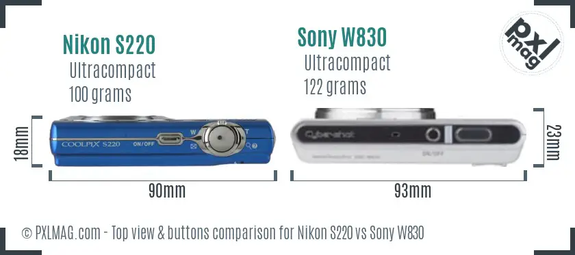 Nikon S220 vs Sony W830 top view buttons comparison