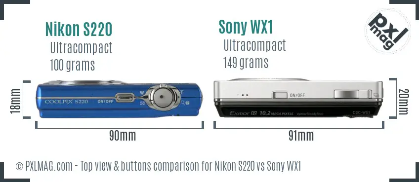 Nikon S220 vs Sony WX1 top view buttons comparison