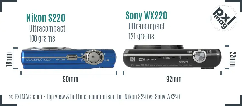 Nikon S220 vs Sony WX220 top view buttons comparison