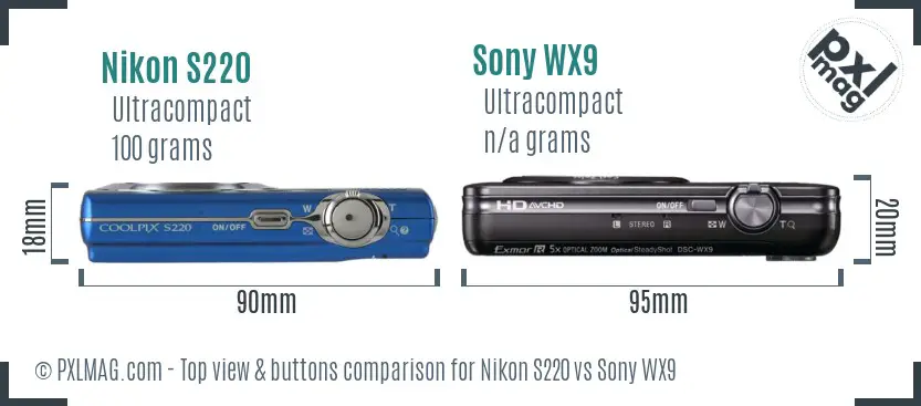 Nikon S220 vs Sony WX9 top view buttons comparison