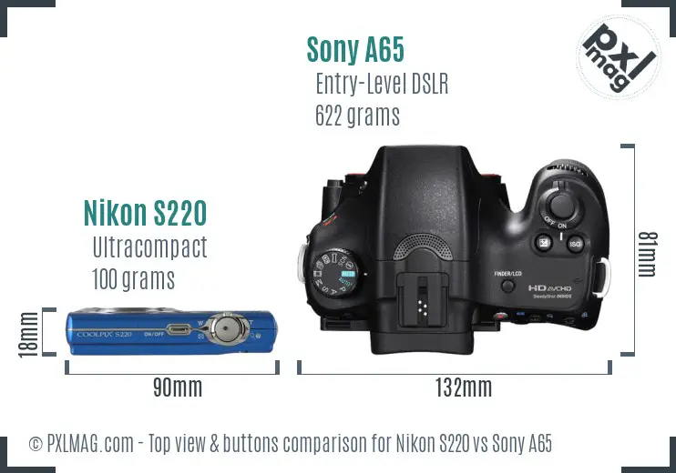 Nikon S220 vs Sony A65 top view buttons comparison