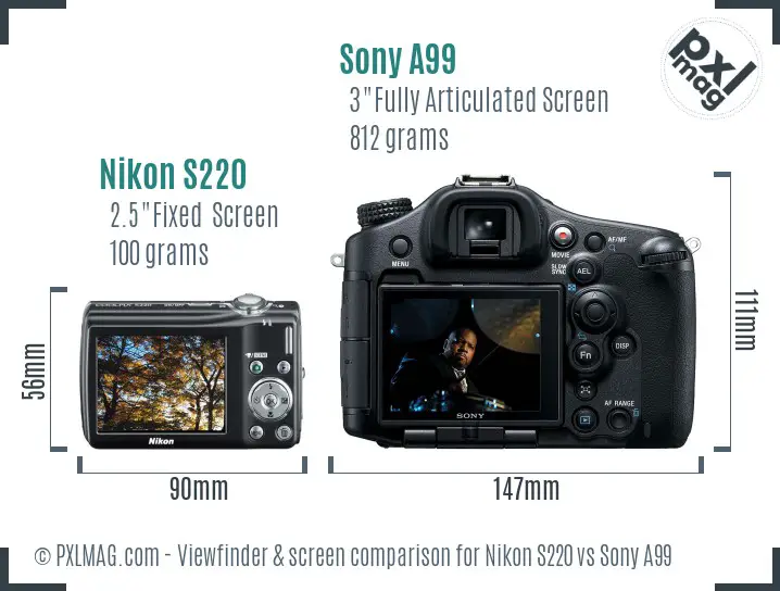 Nikon S220 vs Sony A99 Screen and Viewfinder comparison