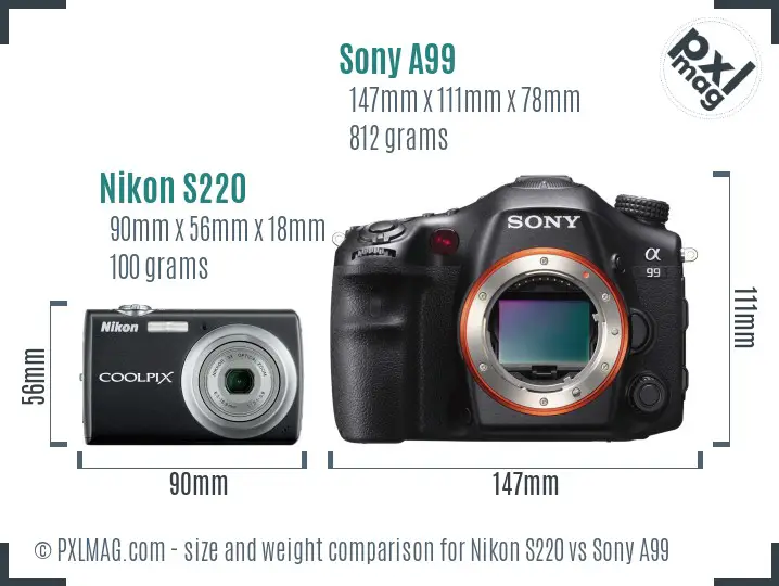 Nikon S220 vs Sony A99 size comparison