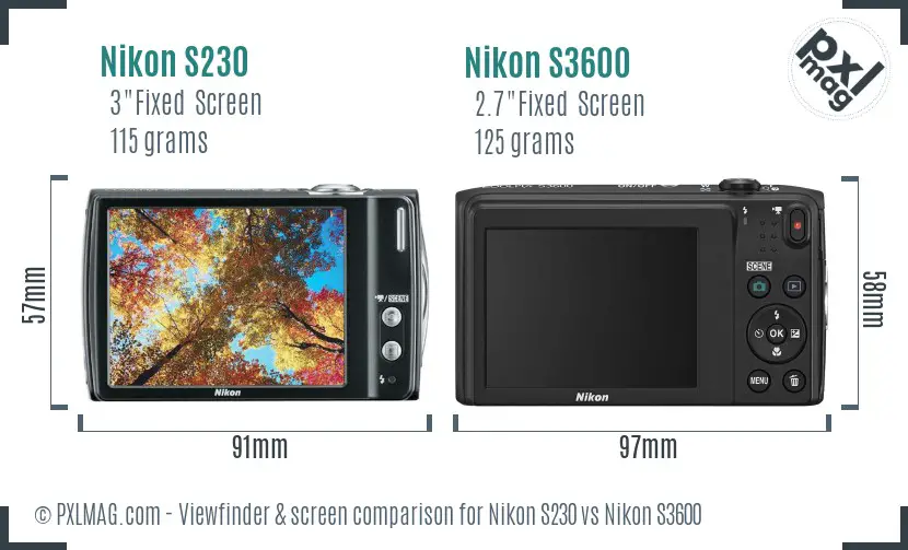 Nikon S230 vs Nikon S3600 Screen and Viewfinder comparison
