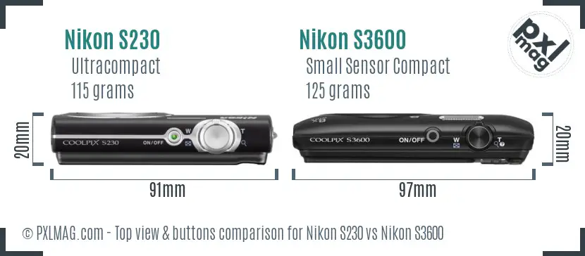 Nikon S230 vs Nikon S3600 top view buttons comparison