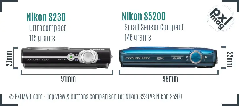 Nikon S230 vs Nikon S5200 top view buttons comparison