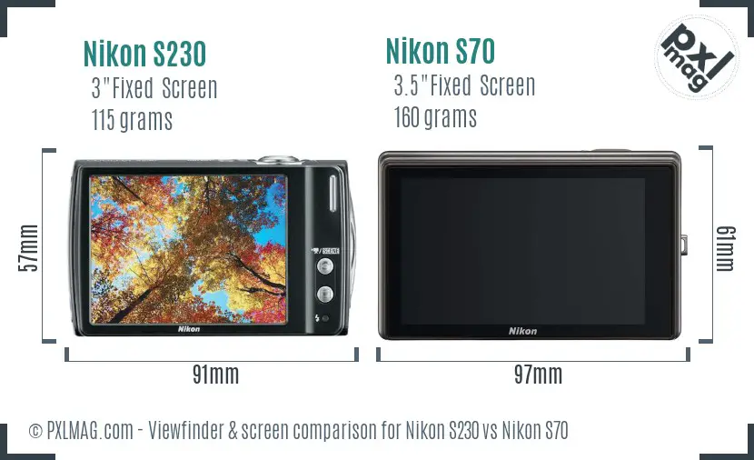 Nikon S230 vs Nikon S70 Screen and Viewfinder comparison