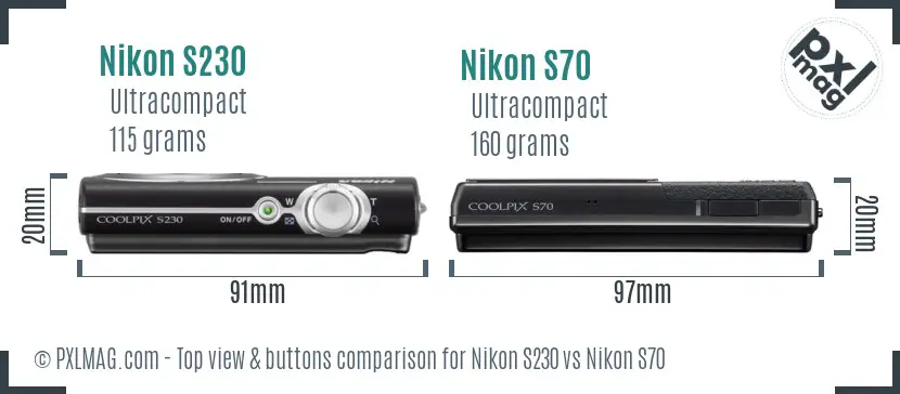 Nikon S230 vs Nikon S70 top view buttons comparison