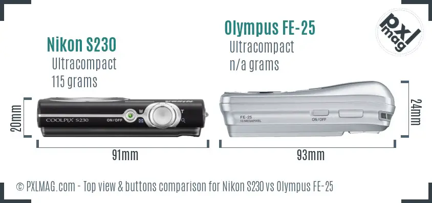 Nikon S230 vs Olympus FE-25 top view buttons comparison