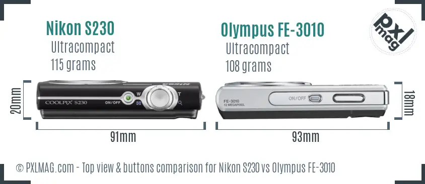 Nikon S230 vs Olympus FE-3010 top view buttons comparison