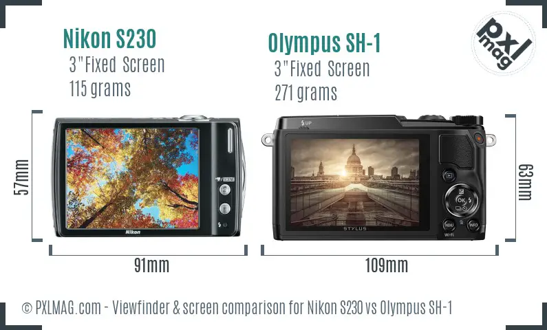 Nikon S230 vs Olympus SH-1 Screen and Viewfinder comparison