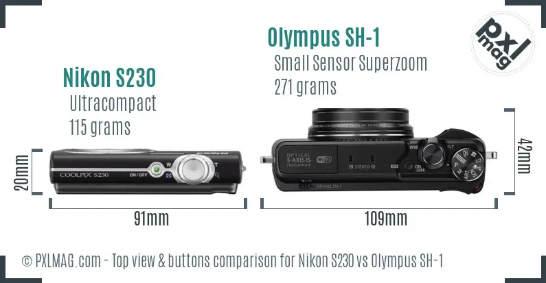 Nikon S230 vs Olympus SH-1 top view buttons comparison