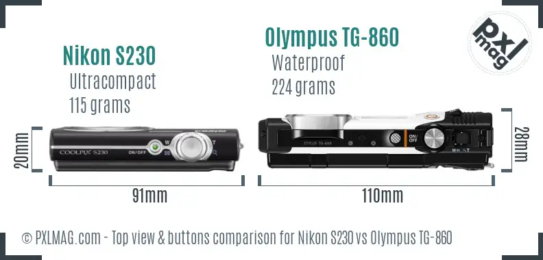 Nikon S230 vs Olympus TG-860 top view buttons comparison