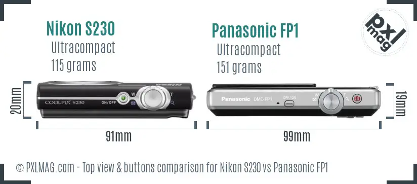 Nikon S230 vs Panasonic FP1 top view buttons comparison