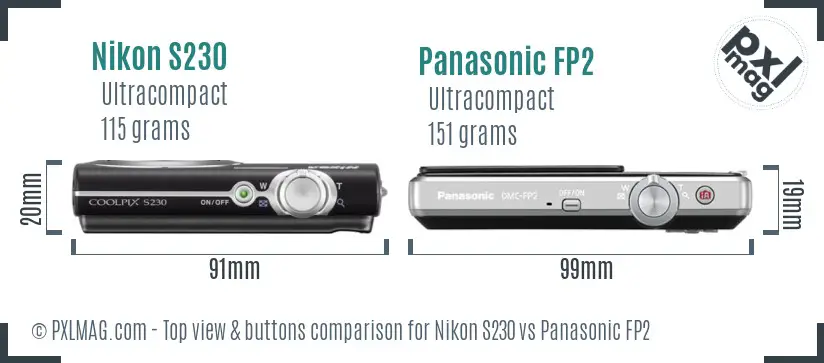 Nikon S230 vs Panasonic FP2 top view buttons comparison