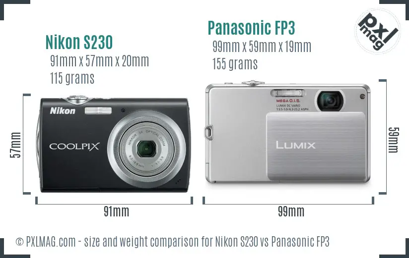 Nikon S230 vs Panasonic FP3 size comparison