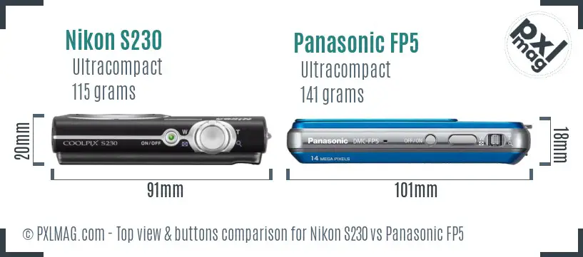Nikon S230 vs Panasonic FP5 top view buttons comparison