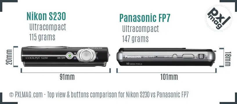 Nikon S230 vs Panasonic FP7 top view buttons comparison