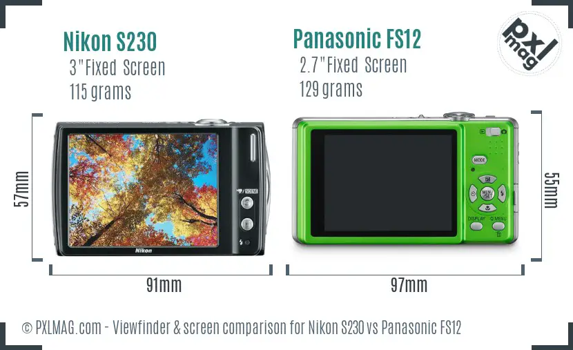 Nikon S230 vs Panasonic FS12 Screen and Viewfinder comparison