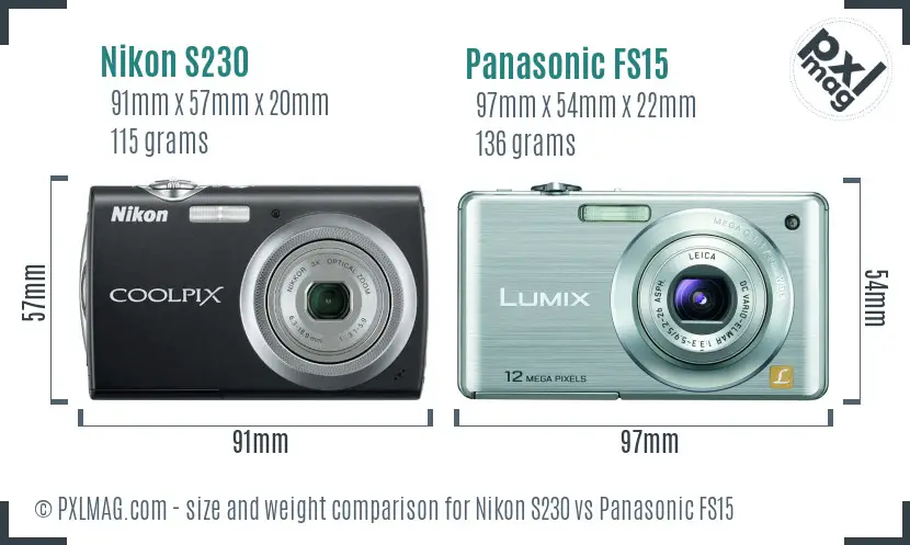 Nikon S230 vs Panasonic FS15 size comparison