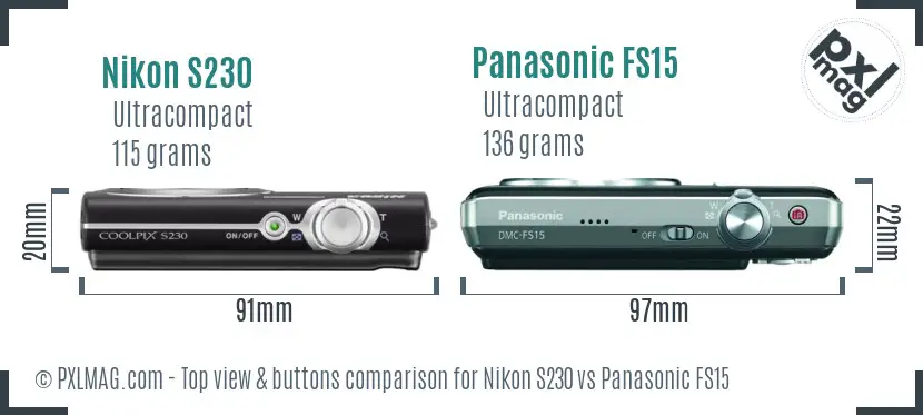 Nikon S230 vs Panasonic FS15 top view buttons comparison