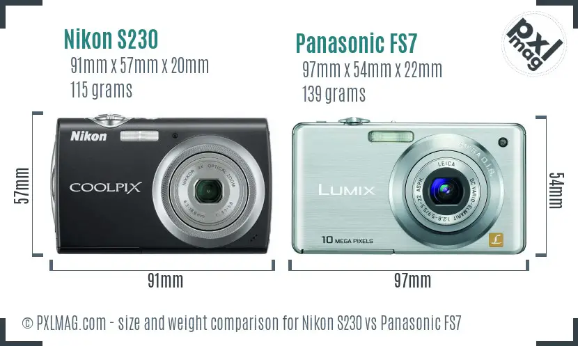 Nikon S230 vs Panasonic FS7 size comparison