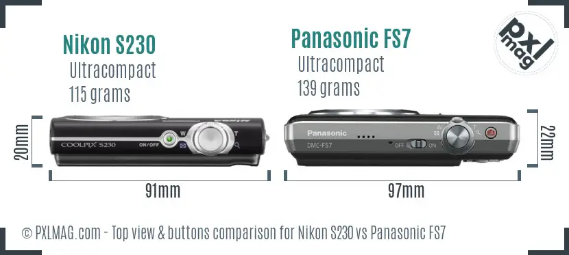 Nikon S230 vs Panasonic FS7 top view buttons comparison