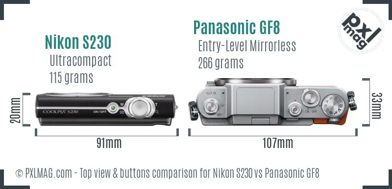 Nikon S230 vs Panasonic GF8 top view buttons comparison