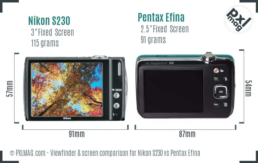 Nikon S230 vs Pentax Efina Screen and Viewfinder comparison