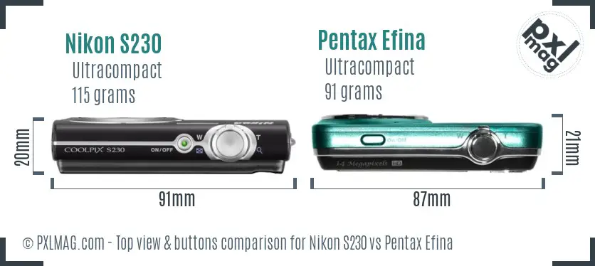 Nikon S230 vs Pentax Efina top view buttons comparison