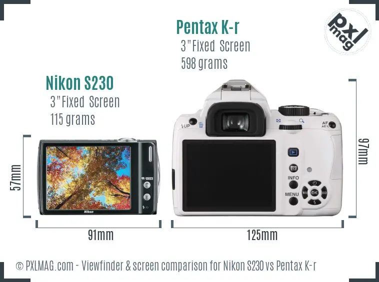 Nikon S230 vs Pentax K-r Screen and Viewfinder comparison
