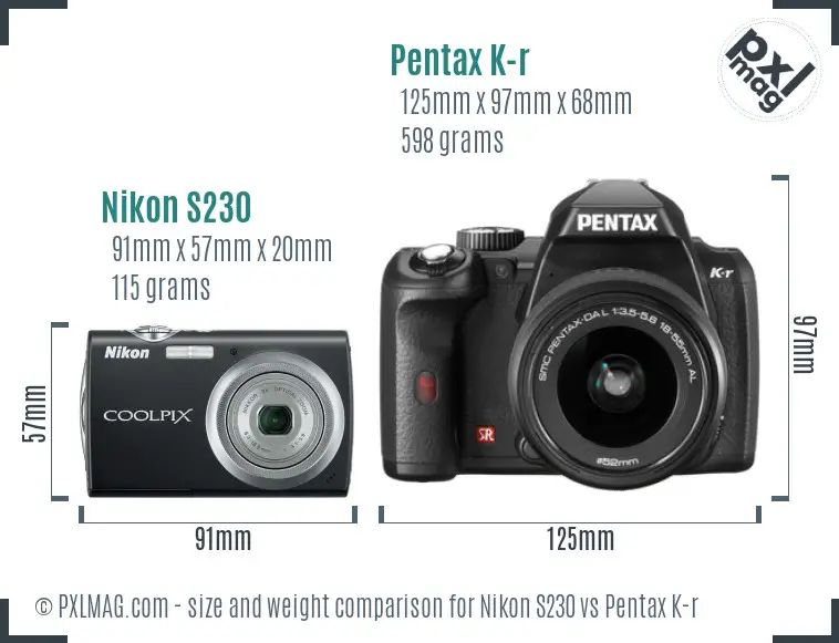 Nikon S230 vs Pentax K-r size comparison